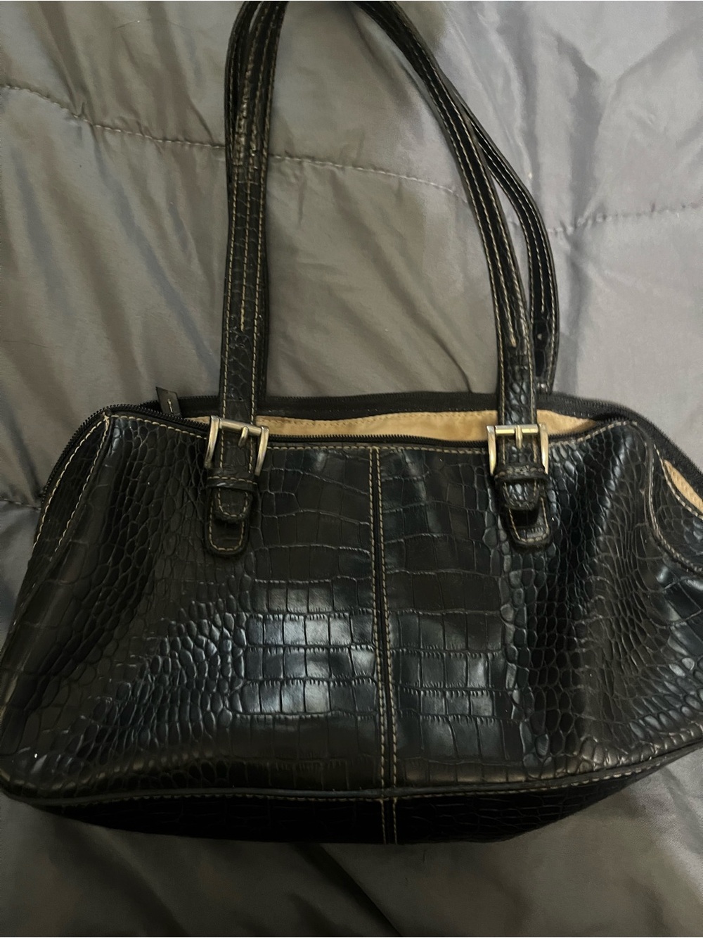 Nine West Black Croc-Embossed Shoulder Bag with Dual Straps